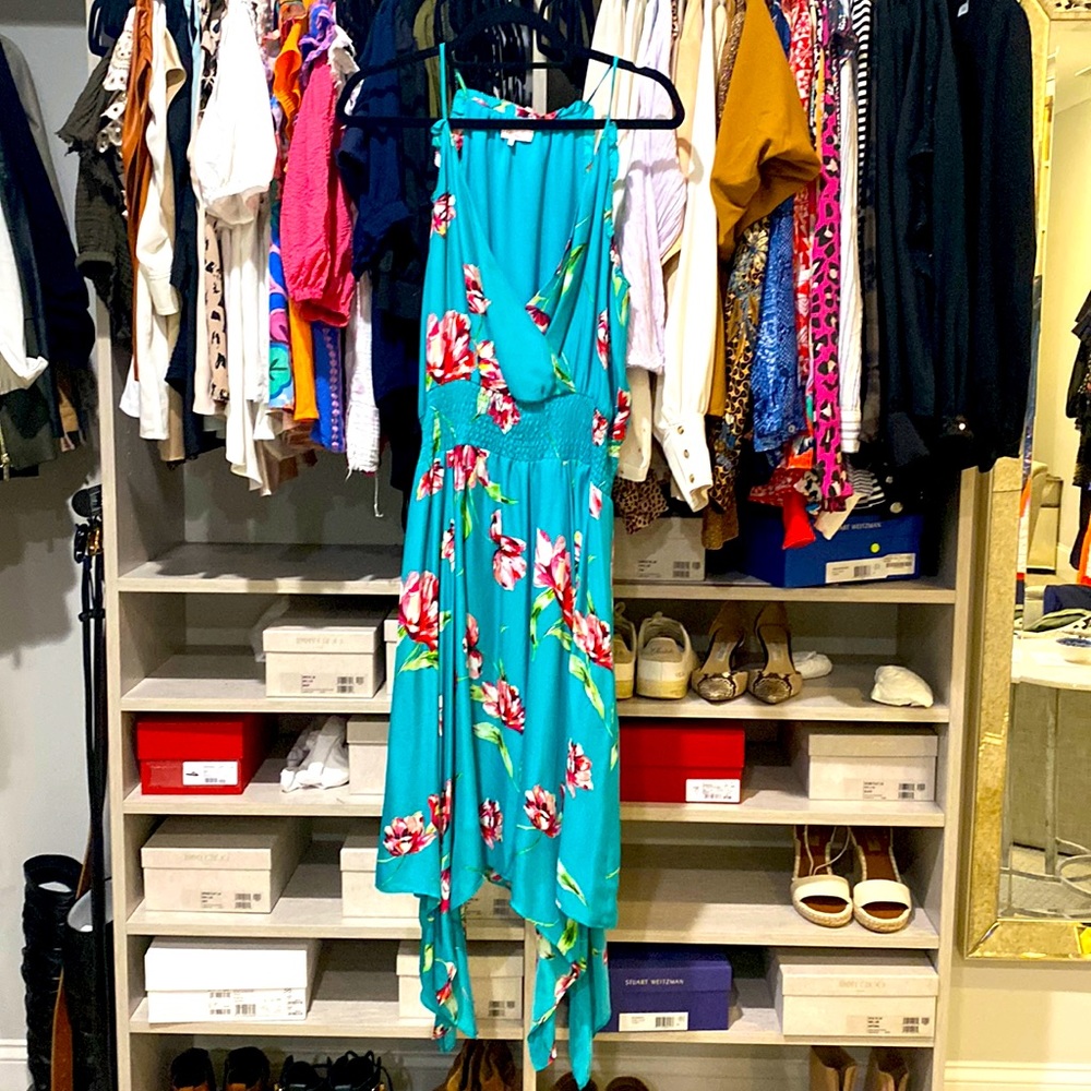 Bright floral asymmetrical midi dress